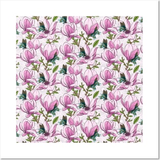 Magnolia And Butterflies Pattern Posters and Art